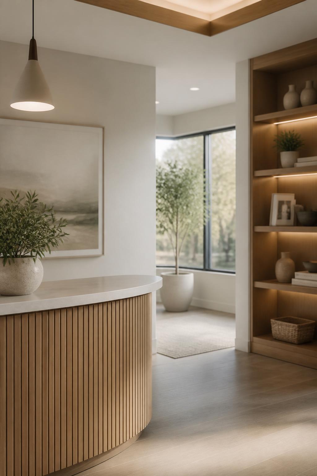 Inviting modern office reception with soft natural light and organized shelving