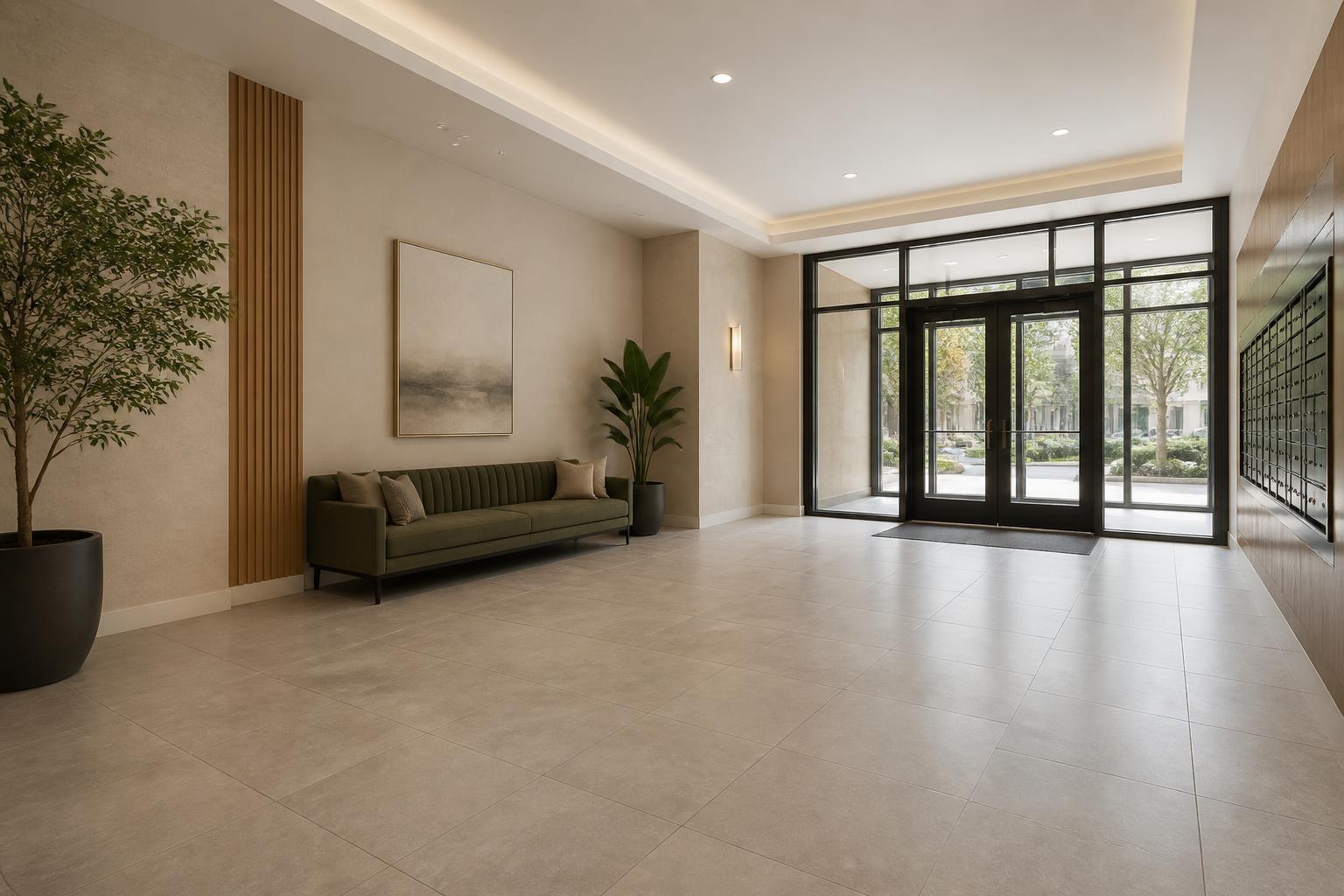Bright apartment lobby with open space and calm natural light