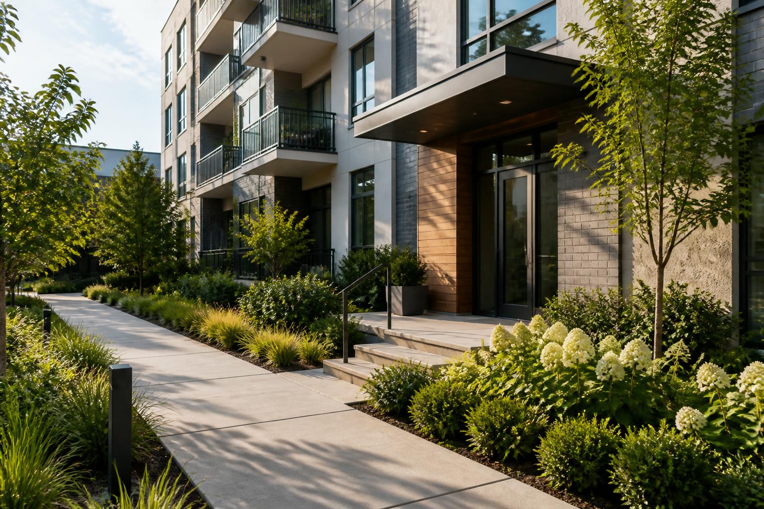 Modern apartment exterior with neatly maintained landscaping in natural daylight
